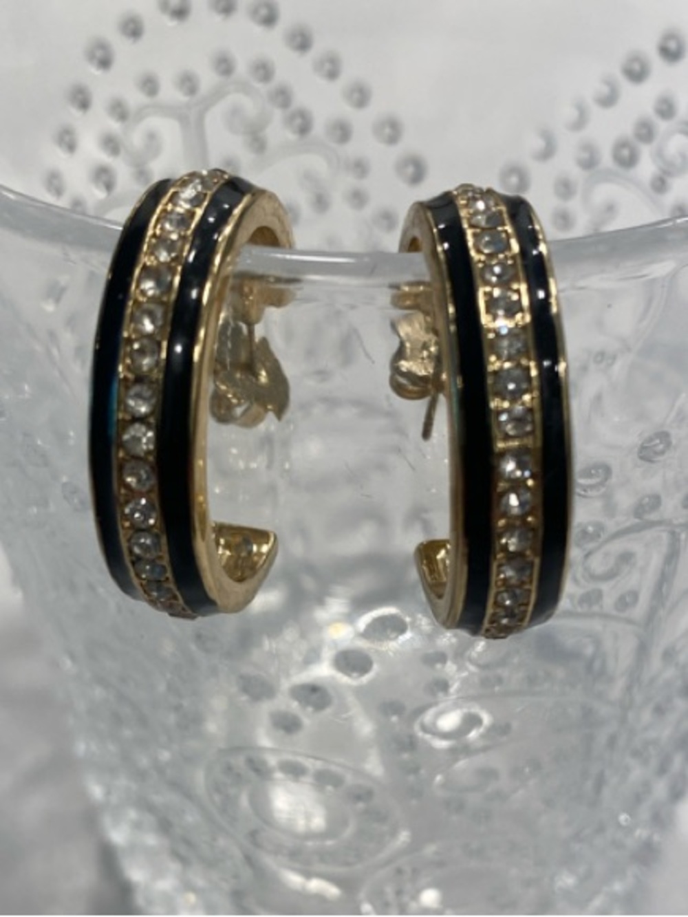 Gold Navy Enamel Rhinestone Hoop Earrings Medium - Picture 3 of 12